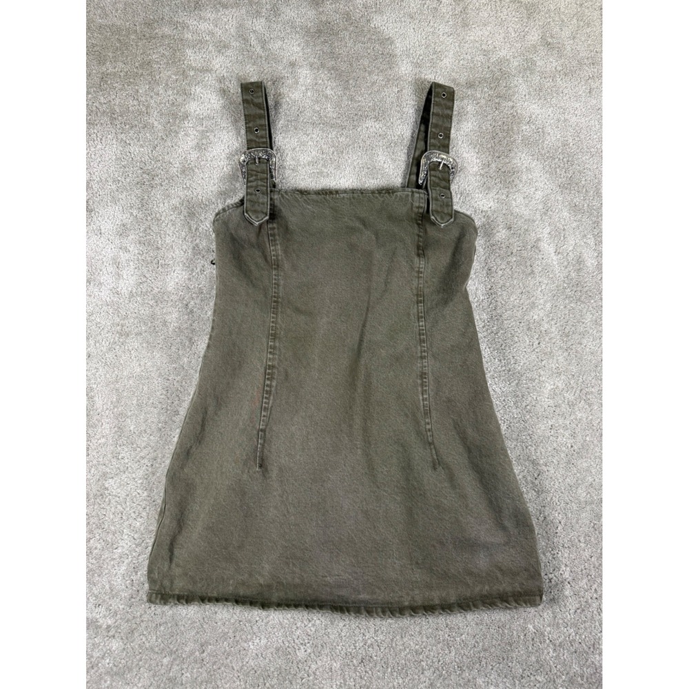 Zara Denim Mini Pinafore Dress Olive Green Western Buckle Straps Large - Picture 2 of 6